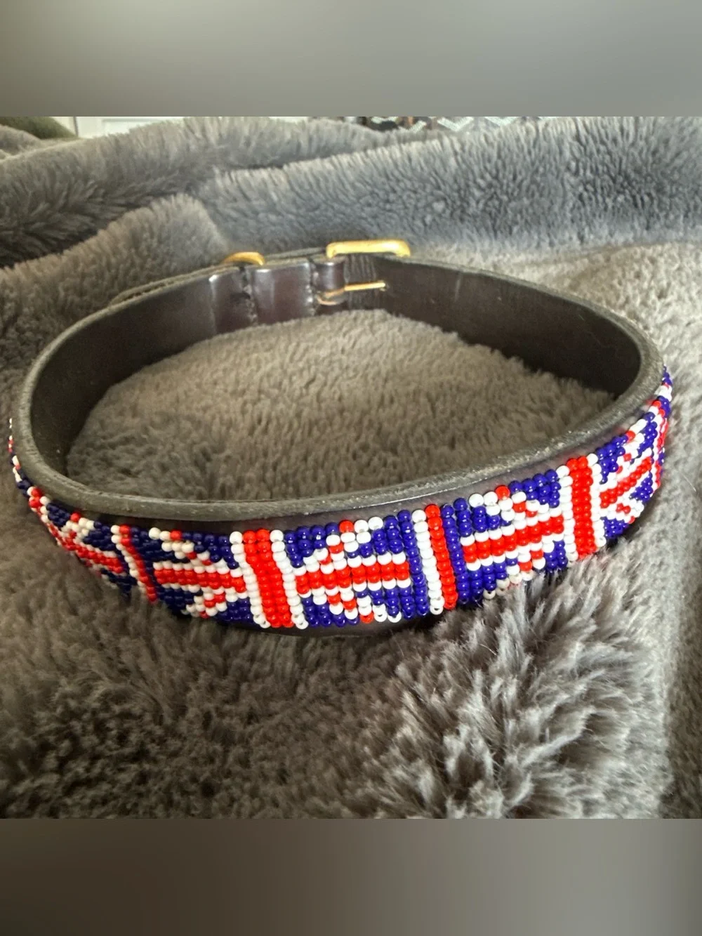 UK British Flag 🇬🇧 beaded brown leather large dog collar